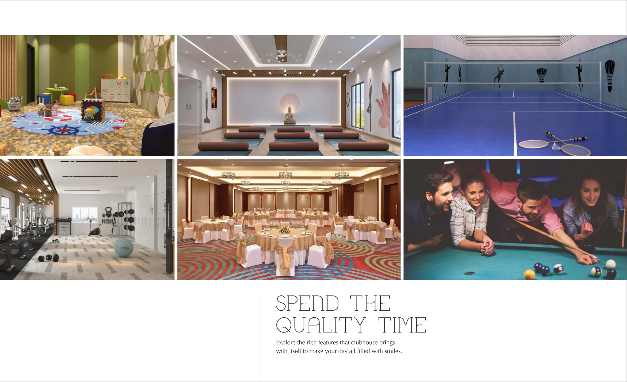 Clubhouse interiors — theatre, banquet hall and games room