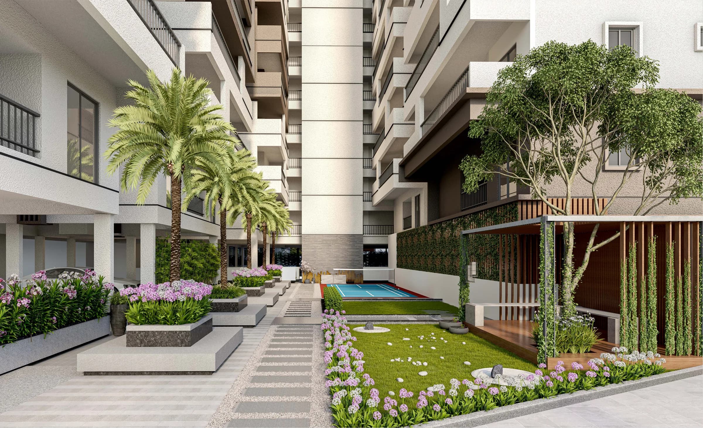 Landscaped central courtyard between towers