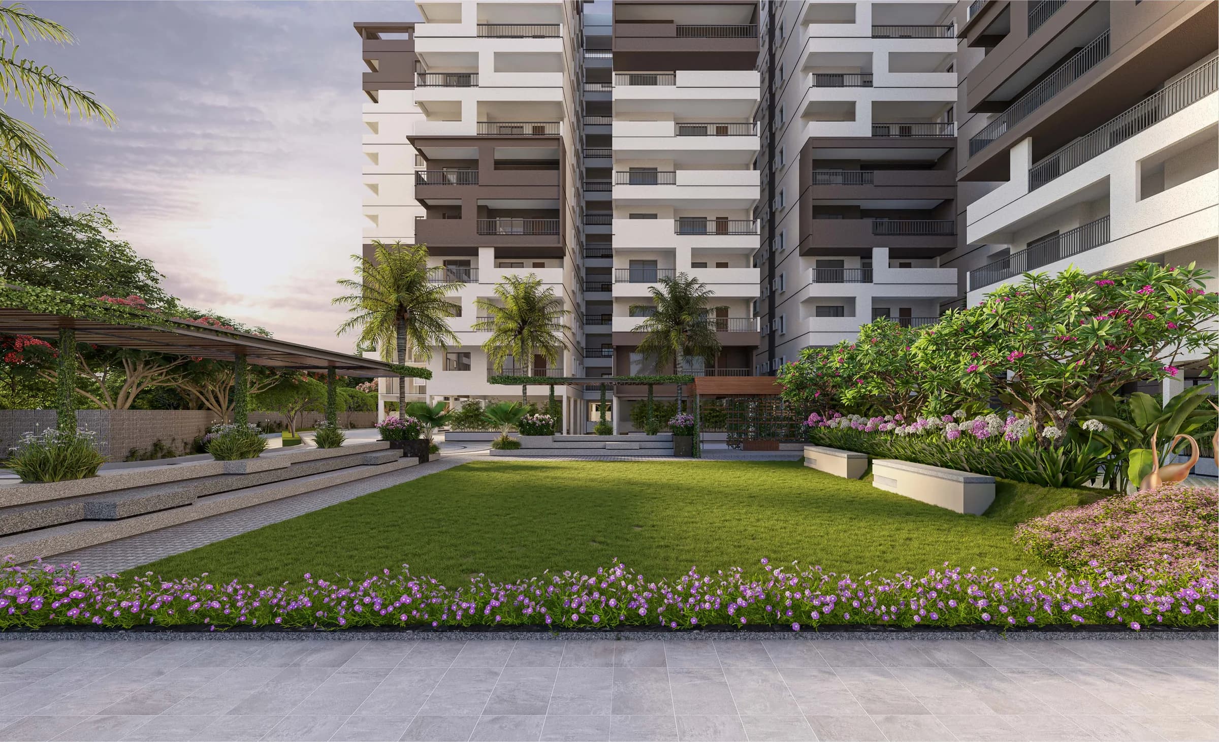 Open lawn and flower beds within the community